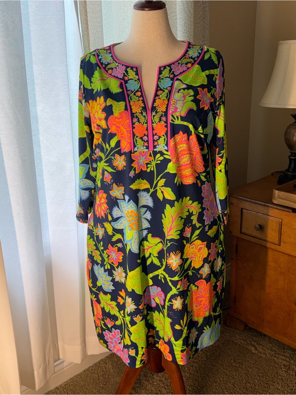 Gretchen Scott Designs Navy Tunic Dress with Neon Floral Print